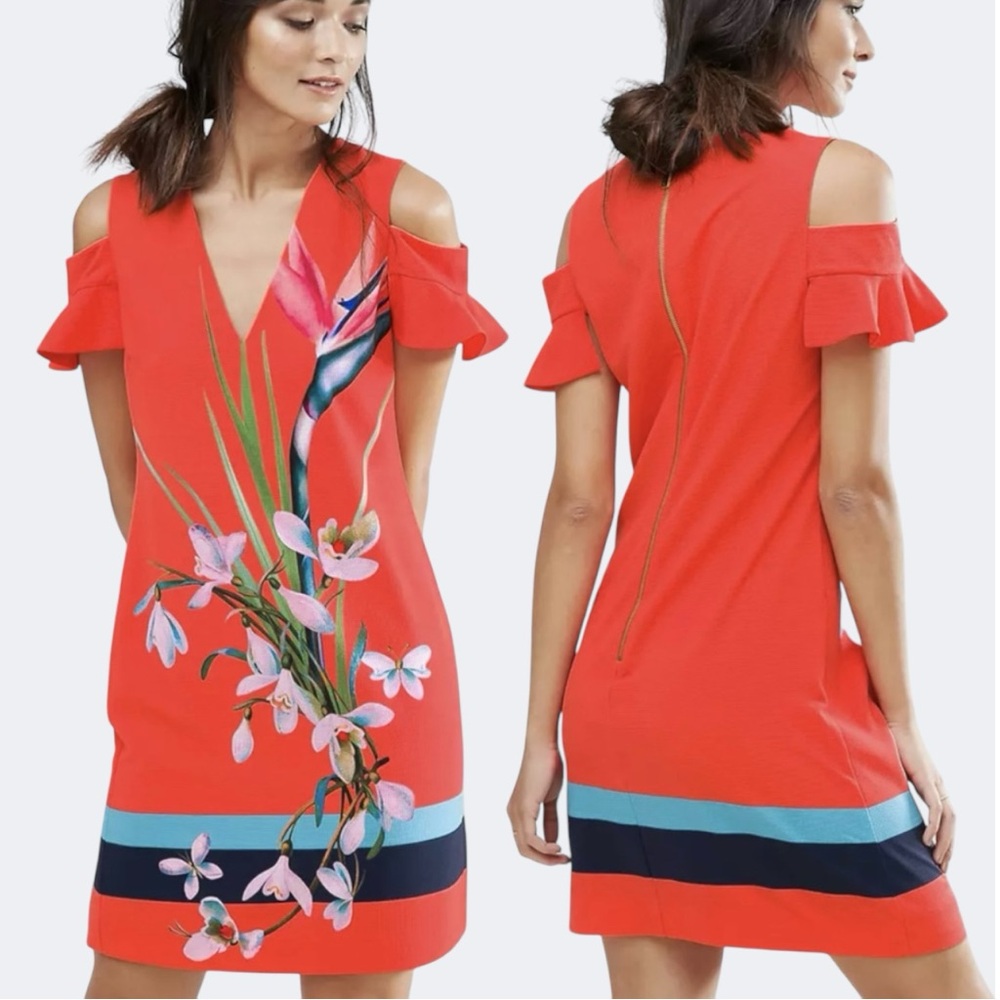 Ted Baker Leea Dress Red Orange Floral Tropical Oasis Cold Shoulder size 2 (4-6)